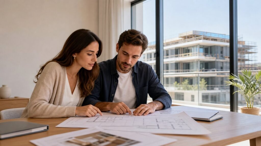 Compradores revisando la documentación de una vivienda de obra nueva